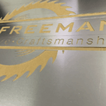 Laser cut custom logo stencil out of 1/16" thick aluminum Laser cut custom logo stencil out of 1/16" thick aluminum