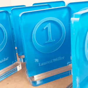 laser engrave custom name display using 1/2-inch-thick clear acrylic with blue vinyl backing