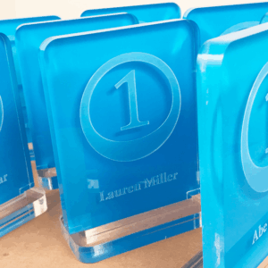 laser engrave custom name display using 1/2-inch-thick clear acrylic with blue vinyl backing