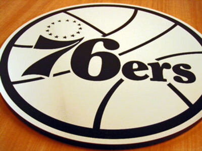 Laser cut acrylic inlaid logo Laser cut acrylic inlaid 76ers logo