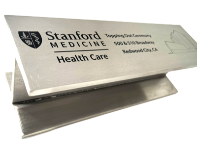 Laser marked I-beam for completion ceremony of Stanford medicine project