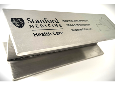Laser marked I-beam for completion ceremony of Stanford medicine project