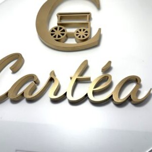 1/2 inch-thick acrylic logo, mounted to a 1/4-inch-thick frosted clear acrylic