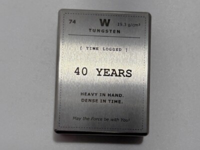laser etched tungsten block as a birthday gift